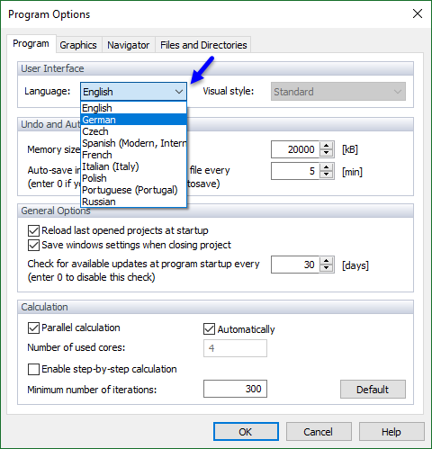 Opzioni del programma, selezione della lingua